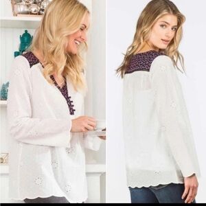 MATILDA JANE $58 Women XXL Eyelet Snow Globe Tunic Top Blouse White Blue Floral